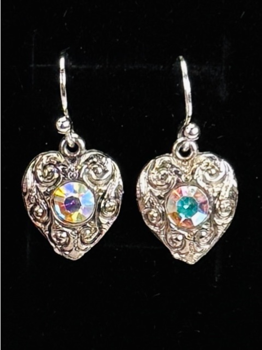 Dainty aged Silvertone etched heart iridescent bling pierced dangle earrings